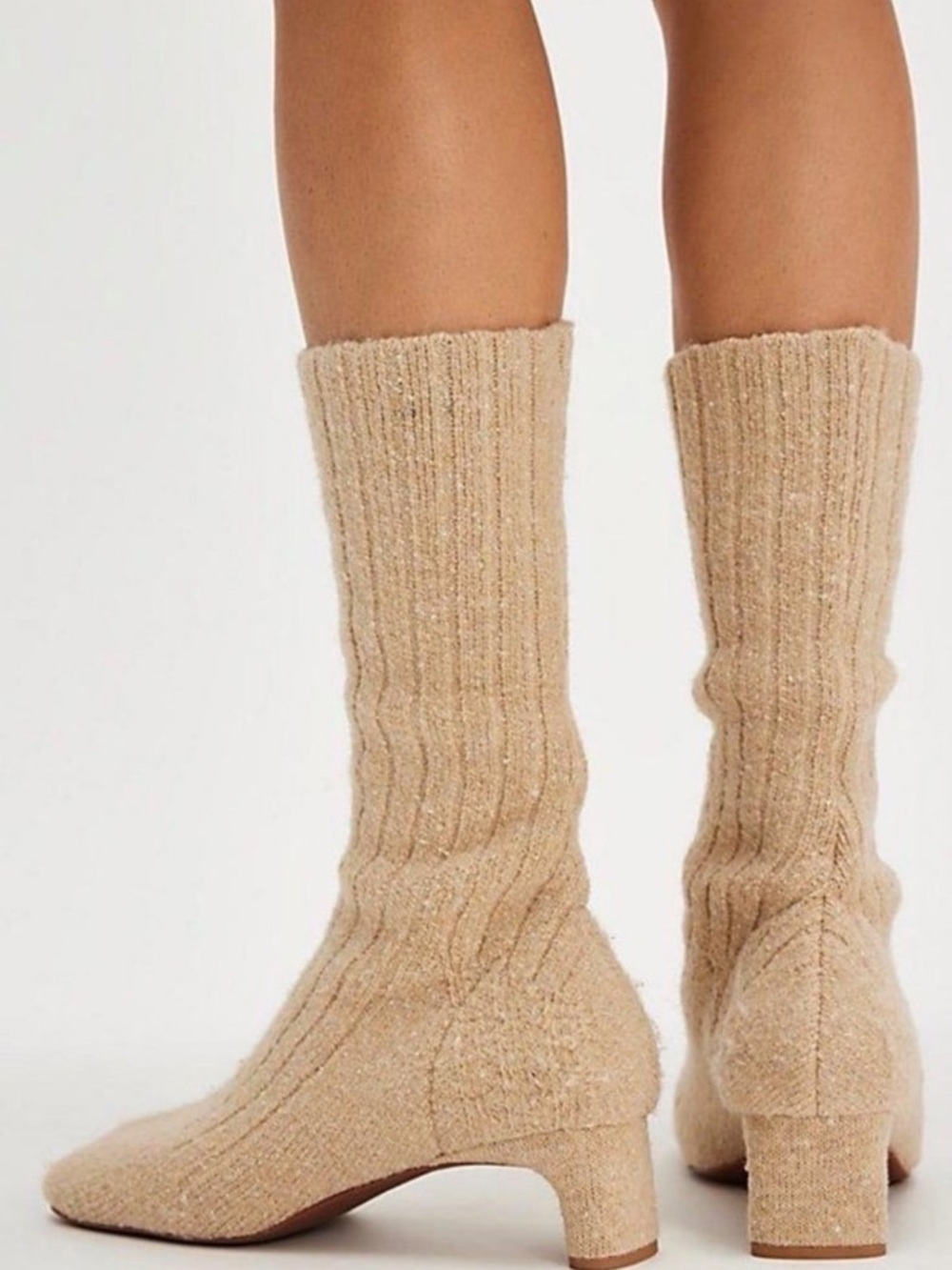 Beige Ribbed Knit Mid-Calf Booties